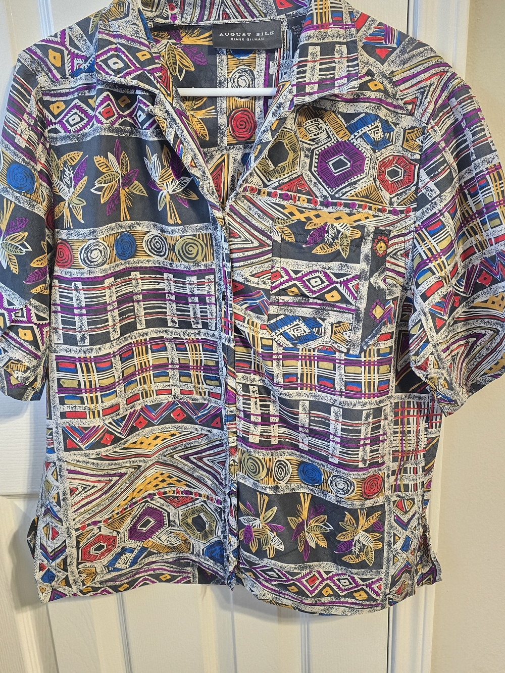 Vintage 90s August Silk Diane Gilman Abstract Art Shirt Size M 100% Silk